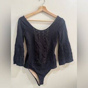 Nightcap Black Eyelet Knit Bell-Sleeve Bodysuit
